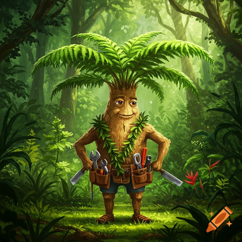 A smiling, cartoon tree-fern character with a fern head and leafy garlands, wearing a contractor's toolbelt, stands in a vibrant jungle.