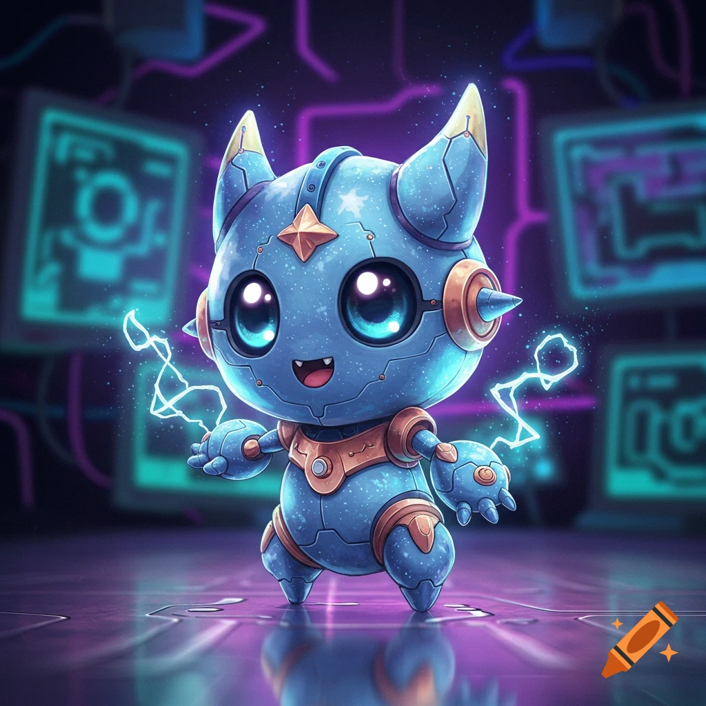 A small, cute, blue robot-like monster with large eyes, holding a lightning bolt in a neon-lit, futuristic room.