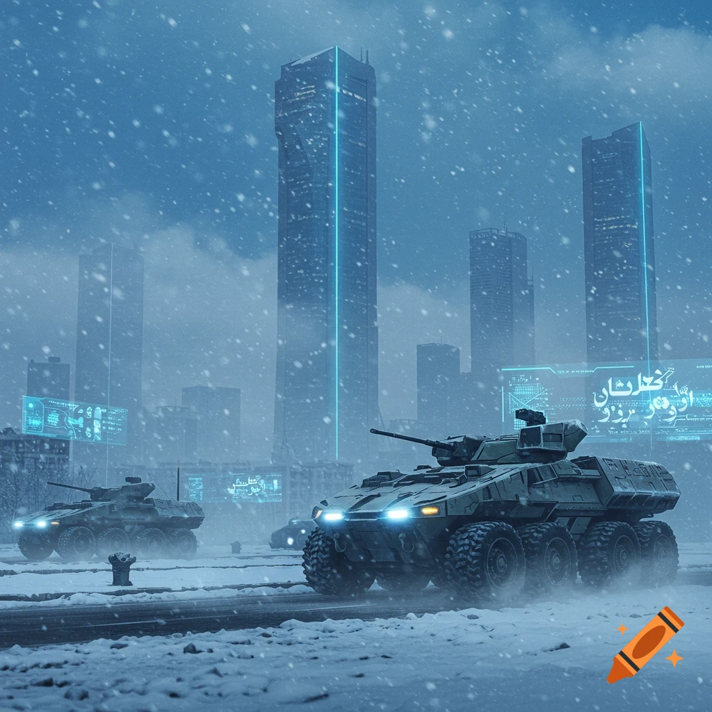 Futuristic military vehicles on a snowy street in a city with glowing skyscrapers at night.
