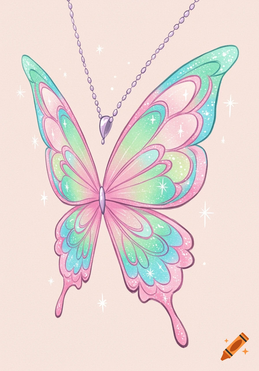 A cartoon-style illustration of a vibrant pink, green, and blue butterfly necklace on a light pink background, with sparkling accents.