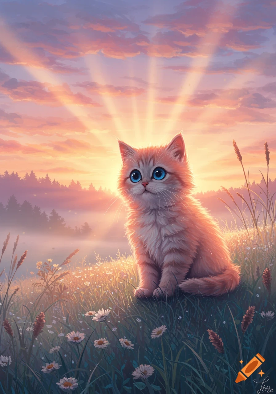 A fluffy orange and white kitten with bright blue eyes sits in a field of white flowers and tall grass, illuminated by the golden light of a sunrise with pink and purple clouds.