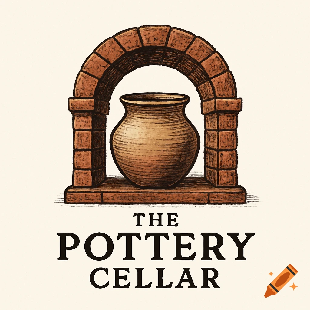 A rustic logo with a clay pot in a brick archway and the text 'THE POTTERY CELLAR' below it.