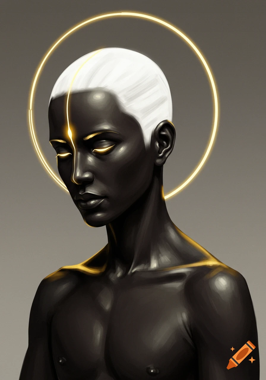 A stylized dark-skinned figure with white hair and glowing gold eyes, framed by a gold halo and subtle gold body accents.