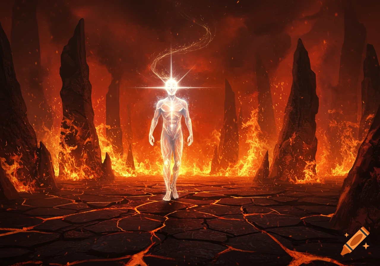 A glowing, ethereal human-like figure walks through a fiery, cracked landscape with jagged rock formations under a dark red sky. Digital art.