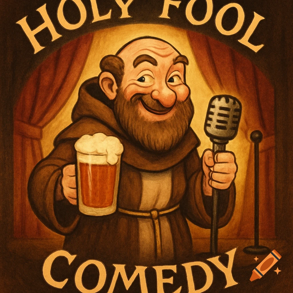A cartoon monk in a brown robe holding a beer and a microphone on a stage. The text "HOLY FOOL COMEDY" is around him.