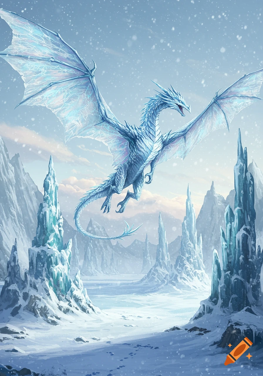 An ice dragon with iridescent wings flies through a snowy, mountainous landscape filled with tall, jagged ice formations.