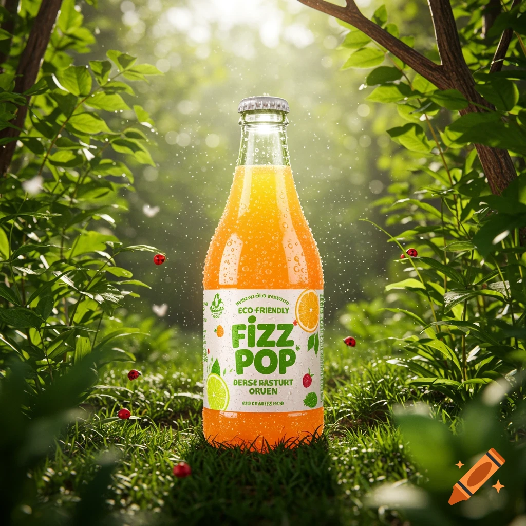 A photorealistic image of an orange "FIZZ POP" eco-friendly drink bottle in a lush green forest with sunlight and ladybugs.