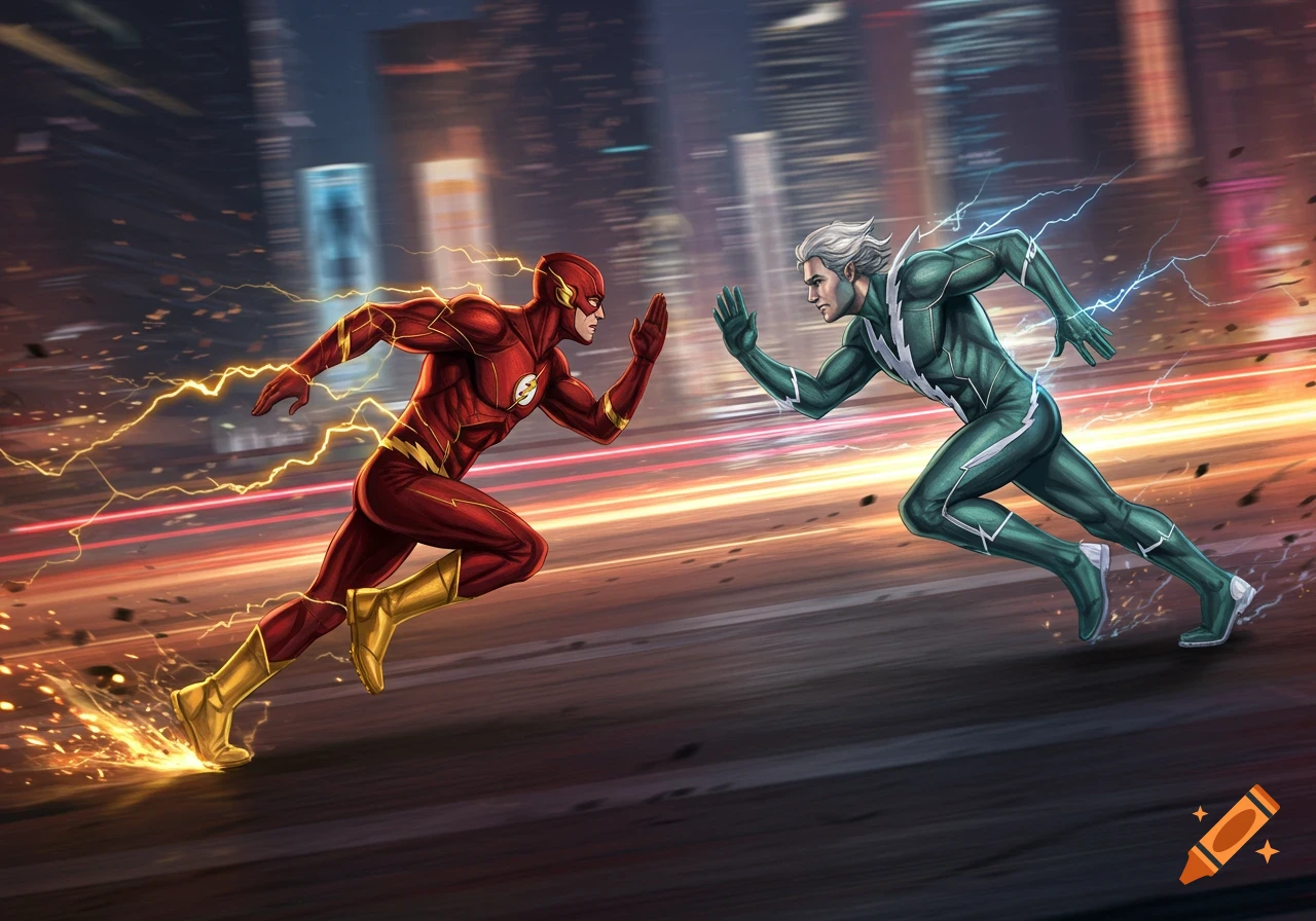 The Flash and Quicksilver race through a blurry city street, red and green suits trailing lightning and fire in this dynamic illustration.