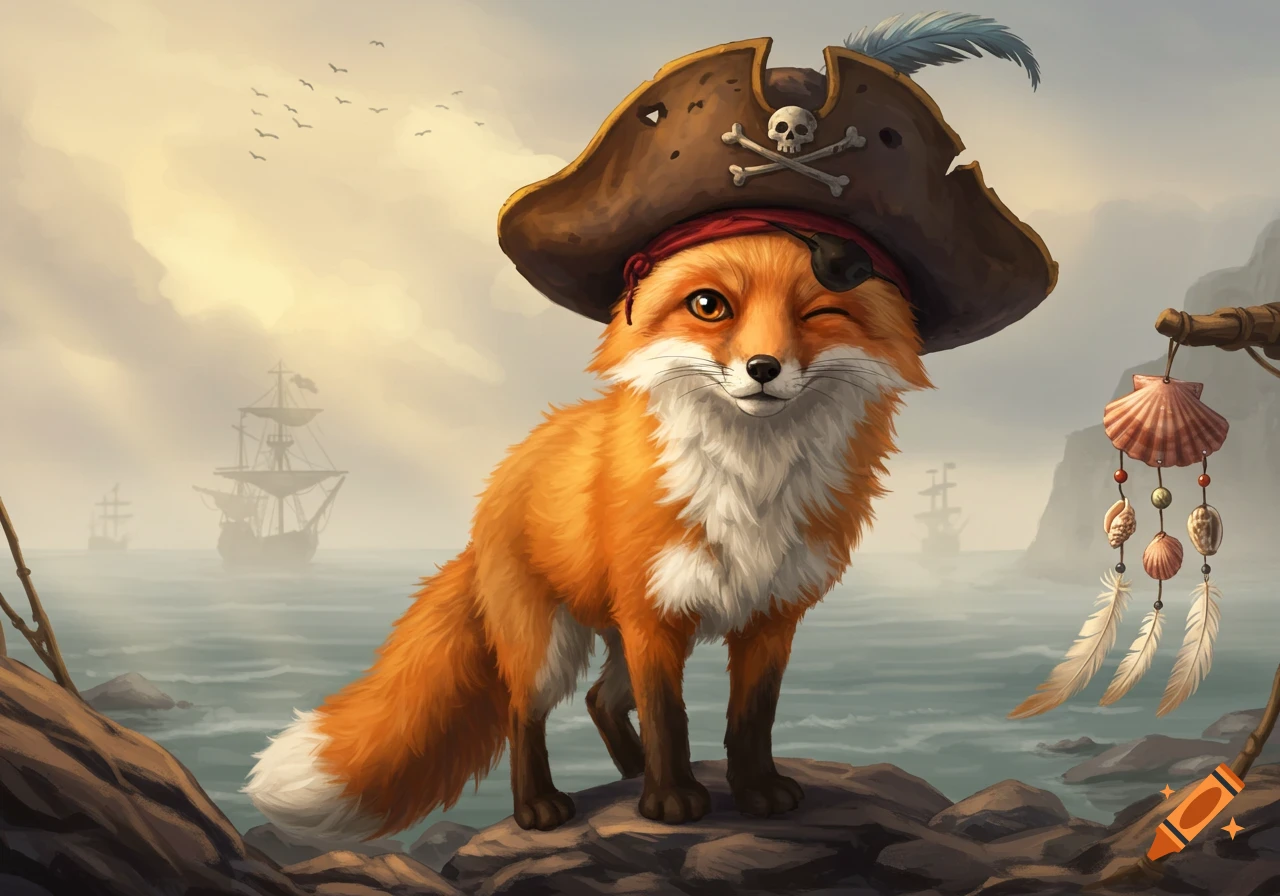 A cute orange and white fox wearing a pirate hat and eye patch winks on a rocky shore, with pirate ships in the misty background.