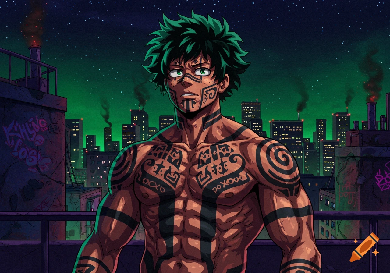 An anime-style male character with green hair and intricate black tattoos covering his face and torso, stands shirtless on a rooftop overlooking a green-tinged city at night.