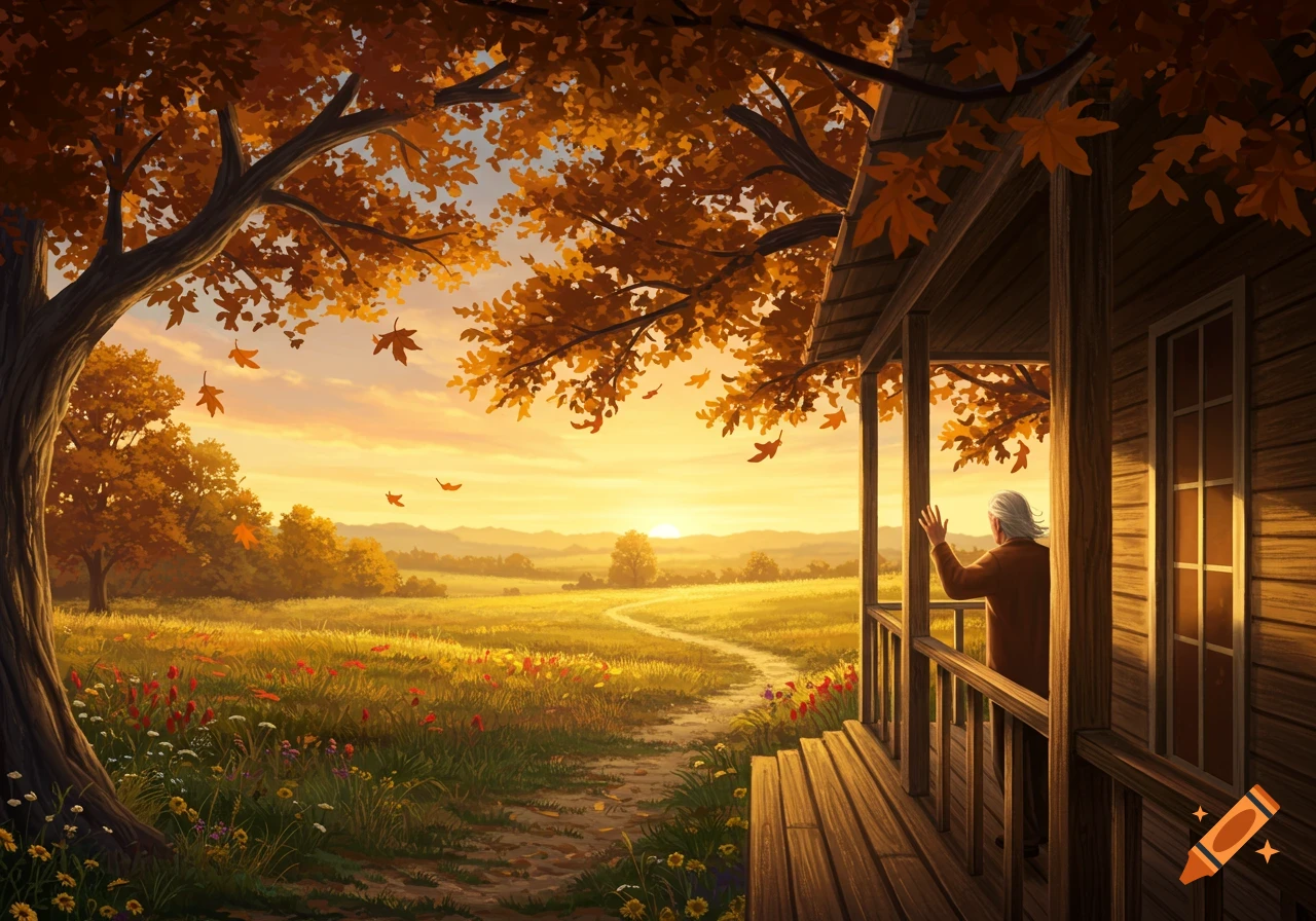 A person waves from a wooden porch overlooking a vast autumn landscape with a setting sun, golden light, and falling orange leaves.
