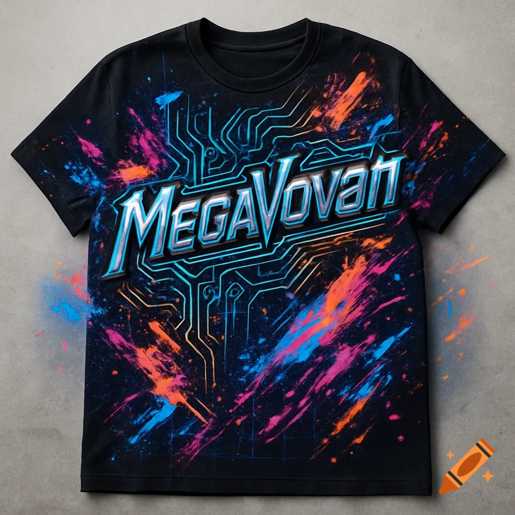 Black t-shirt with a metallic blue 'MegaVovan' logo, neon circuit patterns, and colorful paint splatters.