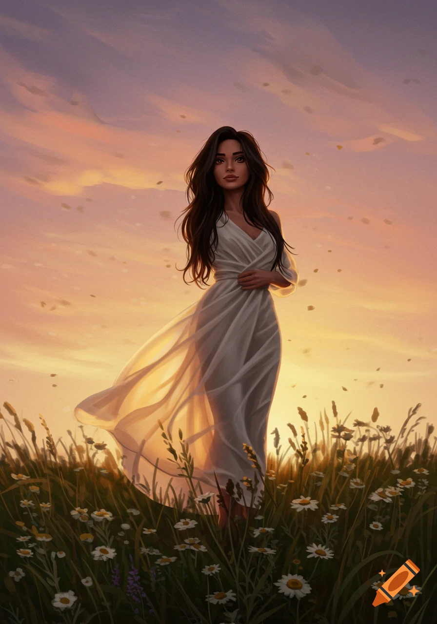 A beautiful woman with long dark hair in a flowing white dress stands in a field of daisies at sunset, digital painting.