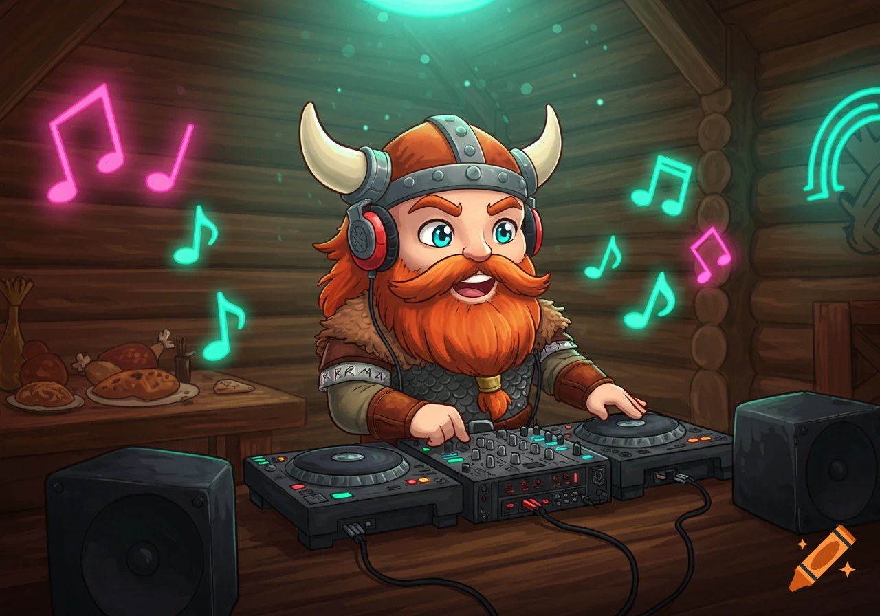 A chibi cartoon viking with a red beard and horned helmet, wearing headphones, DJs music in a rustic wooden cabin with glowing musical notes.