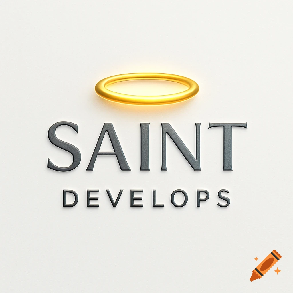A golden halo floats above the embossed text 'SAINT DEVELOPS' on a white background, designed as a clean logo.