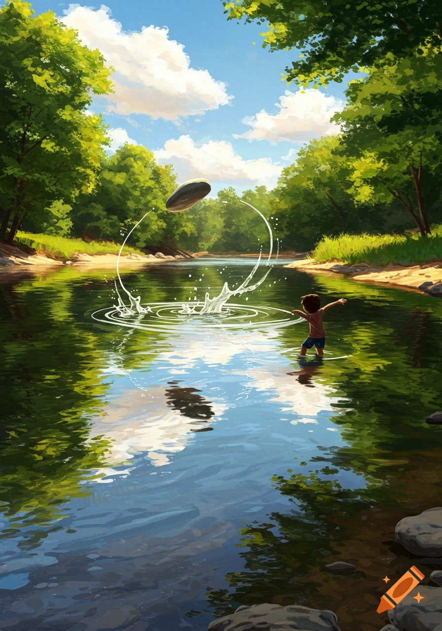 A child skips a stone on a calm river surrounded by lush green trees under a bright blue sky.