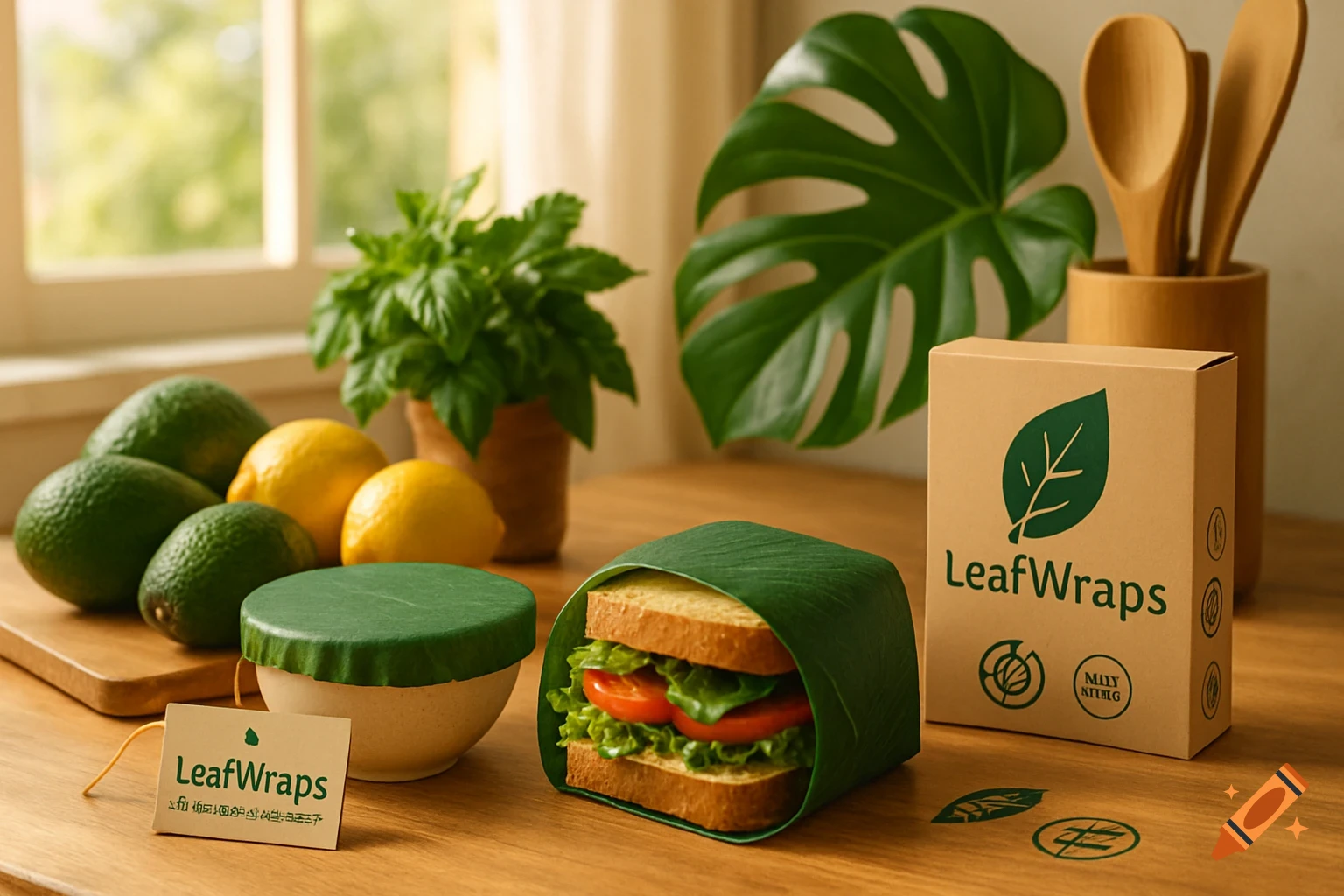 A natural kitchen scene with a sandwich and bowl wrapped in green LeafWraps, surrounded by avocados, lemons, and a box with the LeafWraps logo.