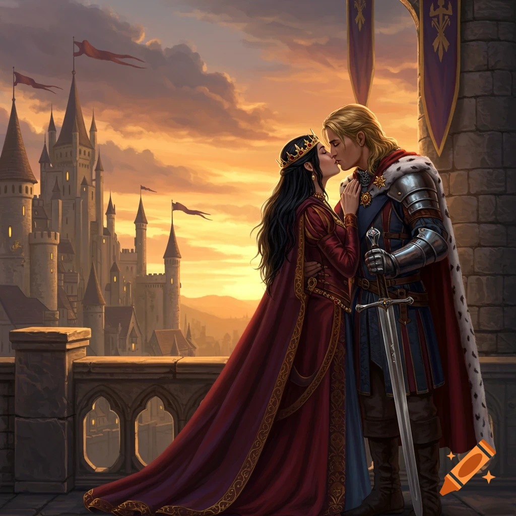 A king and queen kiss on a castle balcony at sunset, with a large medieval castle in the background. Digital painting.