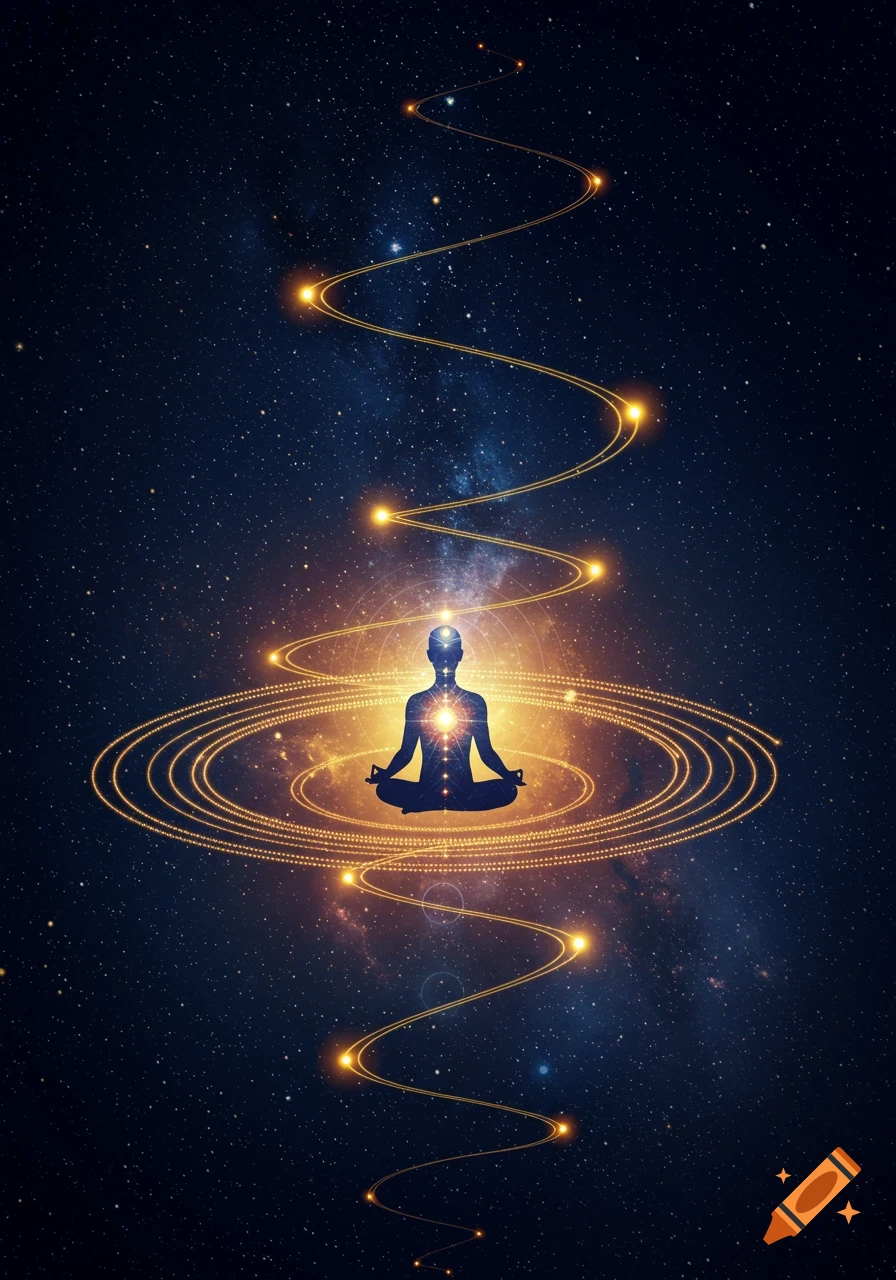 A silhouette of a person meditating in the lotus position, surrounded by glowing golden energy rings and a spiraling light path in a cosmic, starry background.