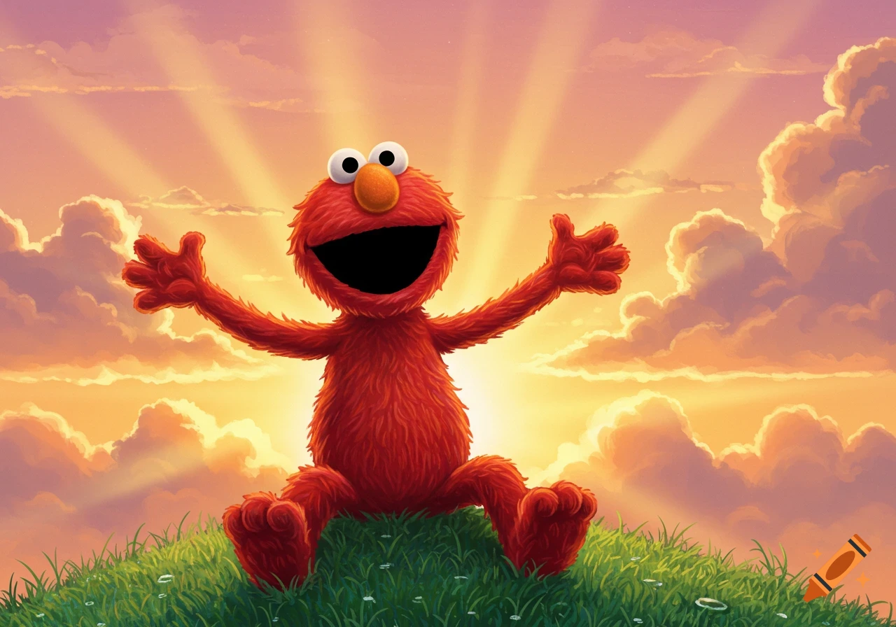 Elmo sits on a grassy hill with arms outstretched and mouth open, silhouetted against a vibrant sunrise sky.