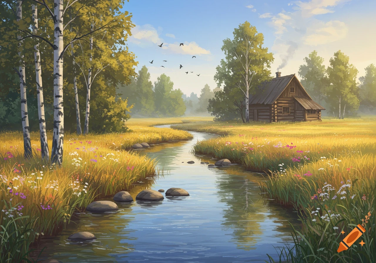 A calm stream winds through a golden meadow with wildflowers and birch trees towards a rustic log cabin under a blue sky.