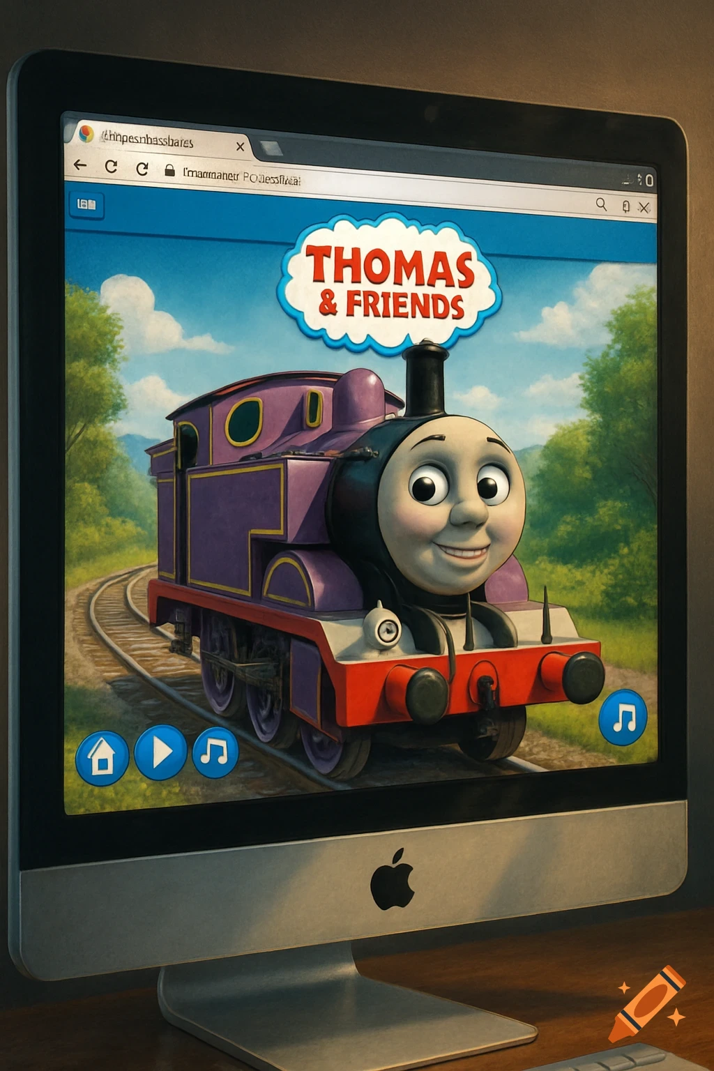 A purple train from Thomas & Friends on a track, displayed on an iMac screen in a web browser.
