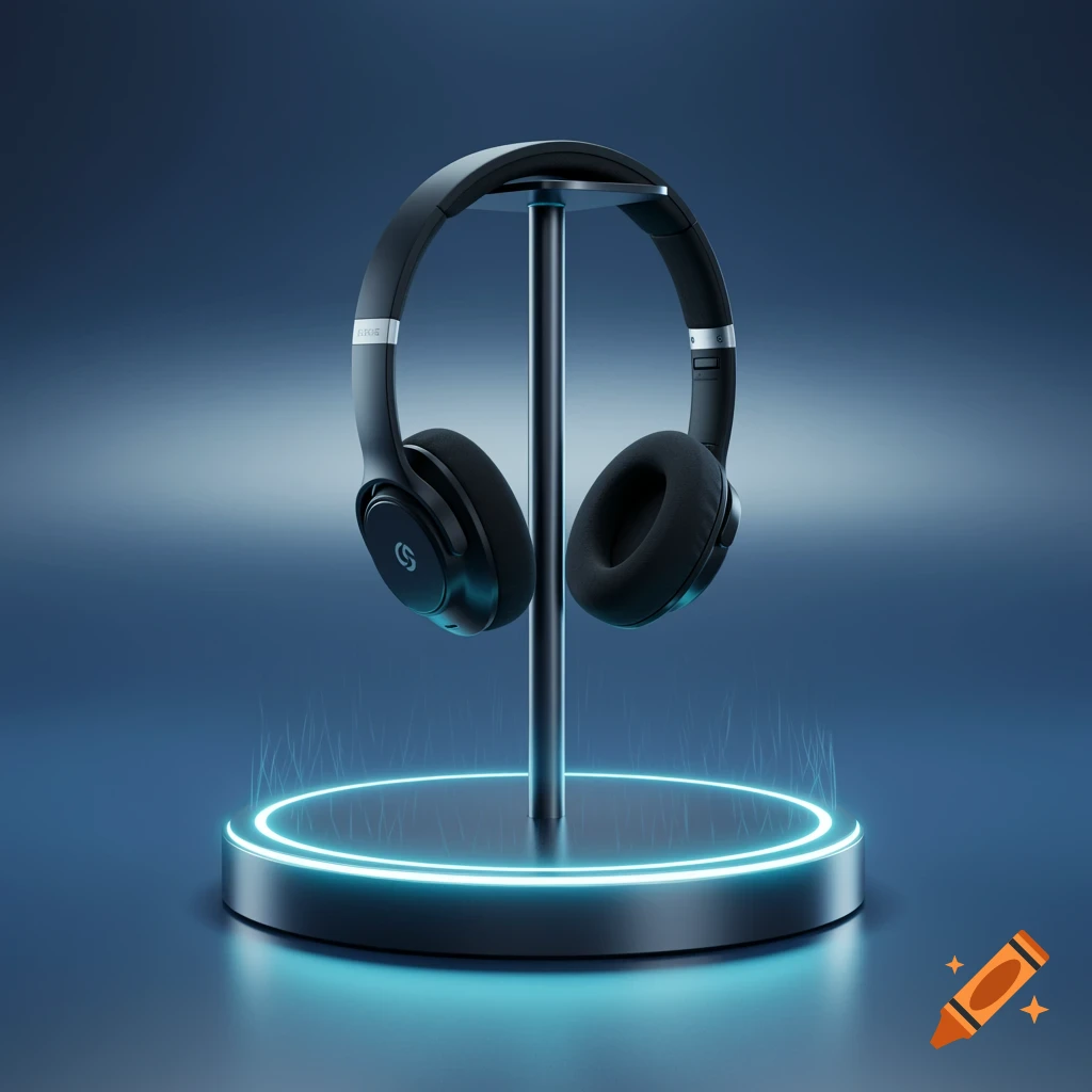 Black headphones on a glowing blue stand against a blue background, photorealistic style.
