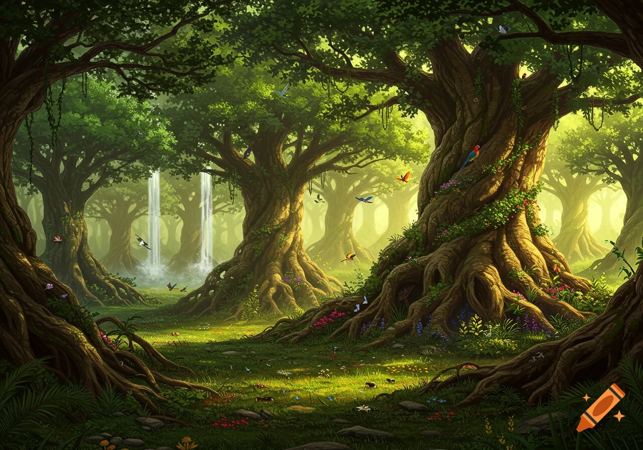 Lush green fantasy forest with massive trees, winding roots, vibrant flora, and cascading waterfalls under soft light.