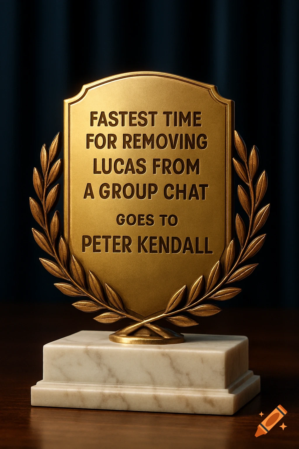 A photorealistic gold trophy with a plaque inscribed 'FASTEST TIME FOR REMOVING LUCAS FROM A GROUP CHAT GOES TO PETER KENDALL' on a marble base.