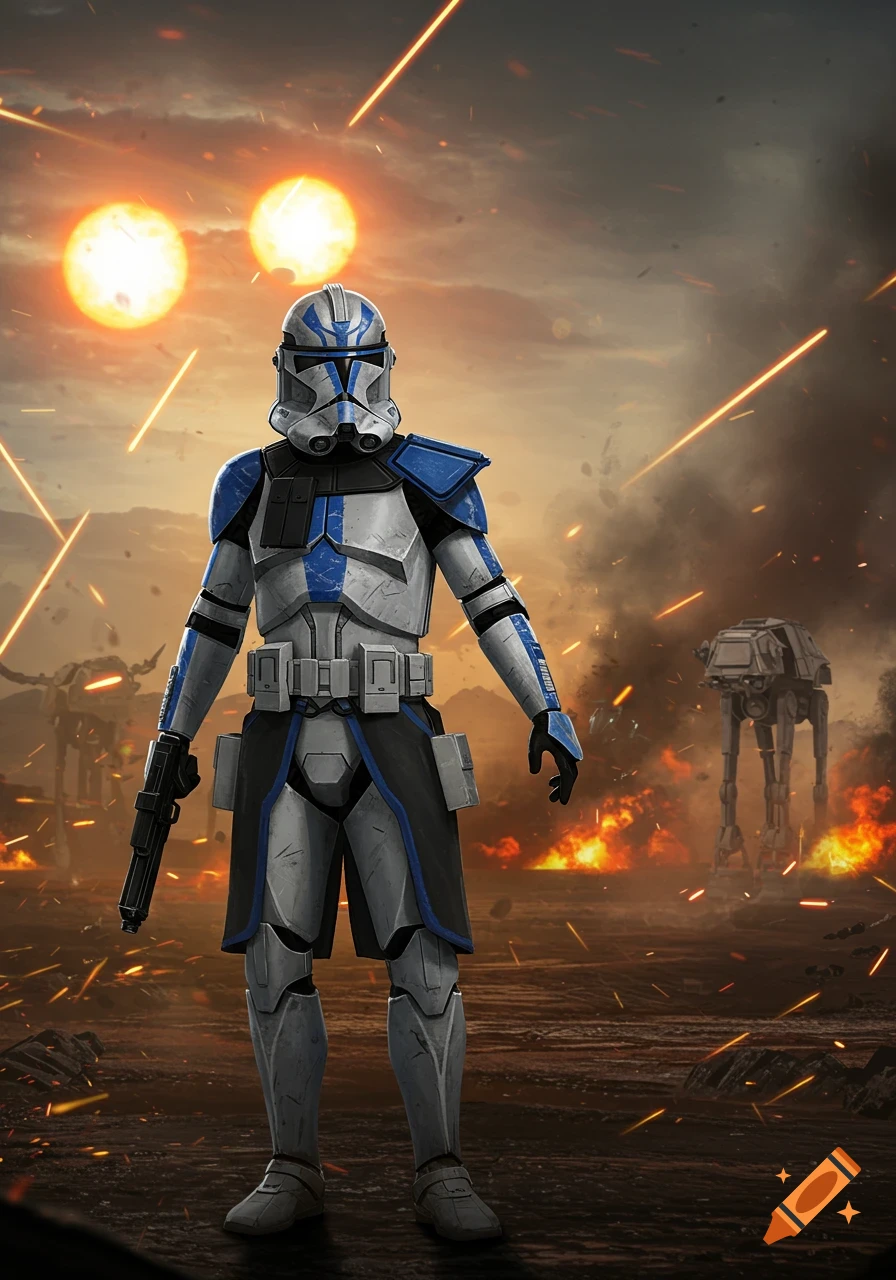 A Star Wars Clone Trooper in blue and white armor stands on a battlefield with explosions, laser fire, two suns, and AT-AT walkers in the background.