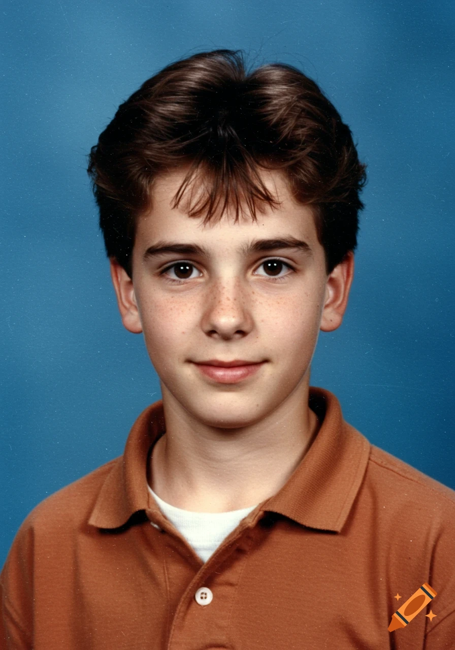 A young boy with brown hair and eyes wears a brown collared shirt against a blue background.