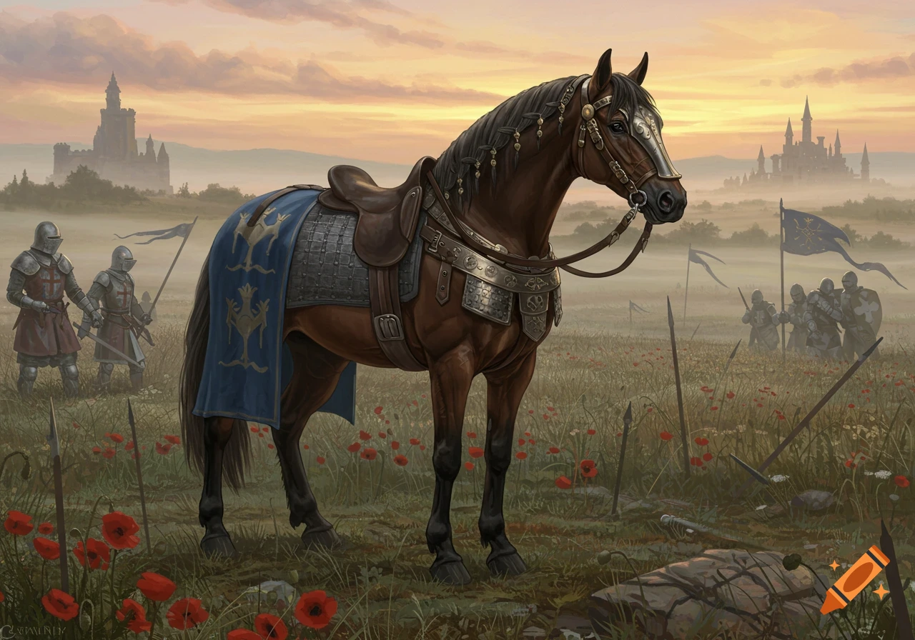 A majestic brown horse in medieval armor stands in a field of poppies with knights and castles in the misty background, painted in a realistic style.