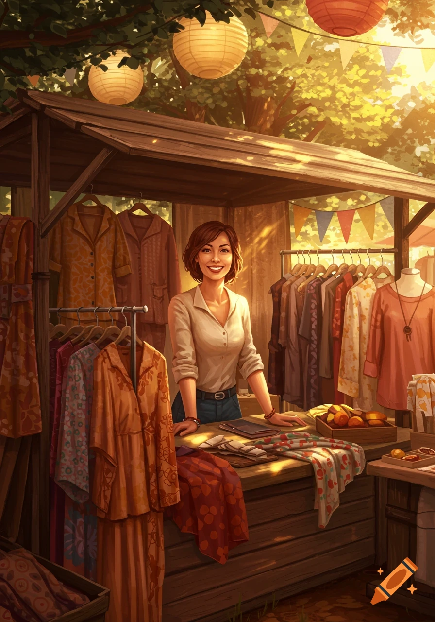 A smiling woman in a white shirt and blue jeans sells clothes at a sunny outdoor market stall with hanging lanterns.