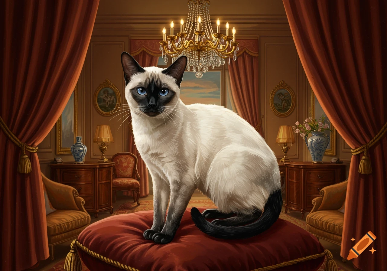 A detailed illustration of a Siamese cat with blue eyes sitting on a red velvet pillow in a luxurious room with curtains and a chandelier.