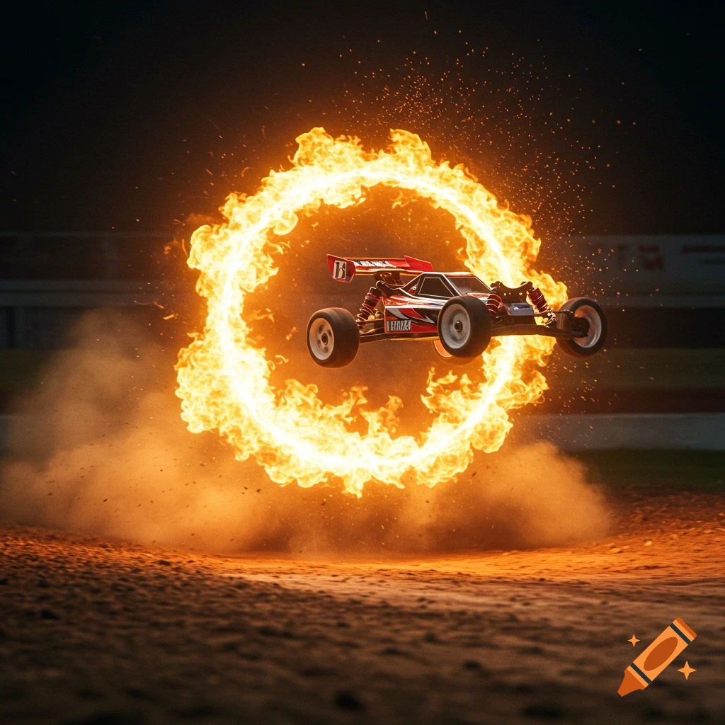 A red and white RC buggy jumps through a large ring of fire over a dirt track at night, with sparks flying.
