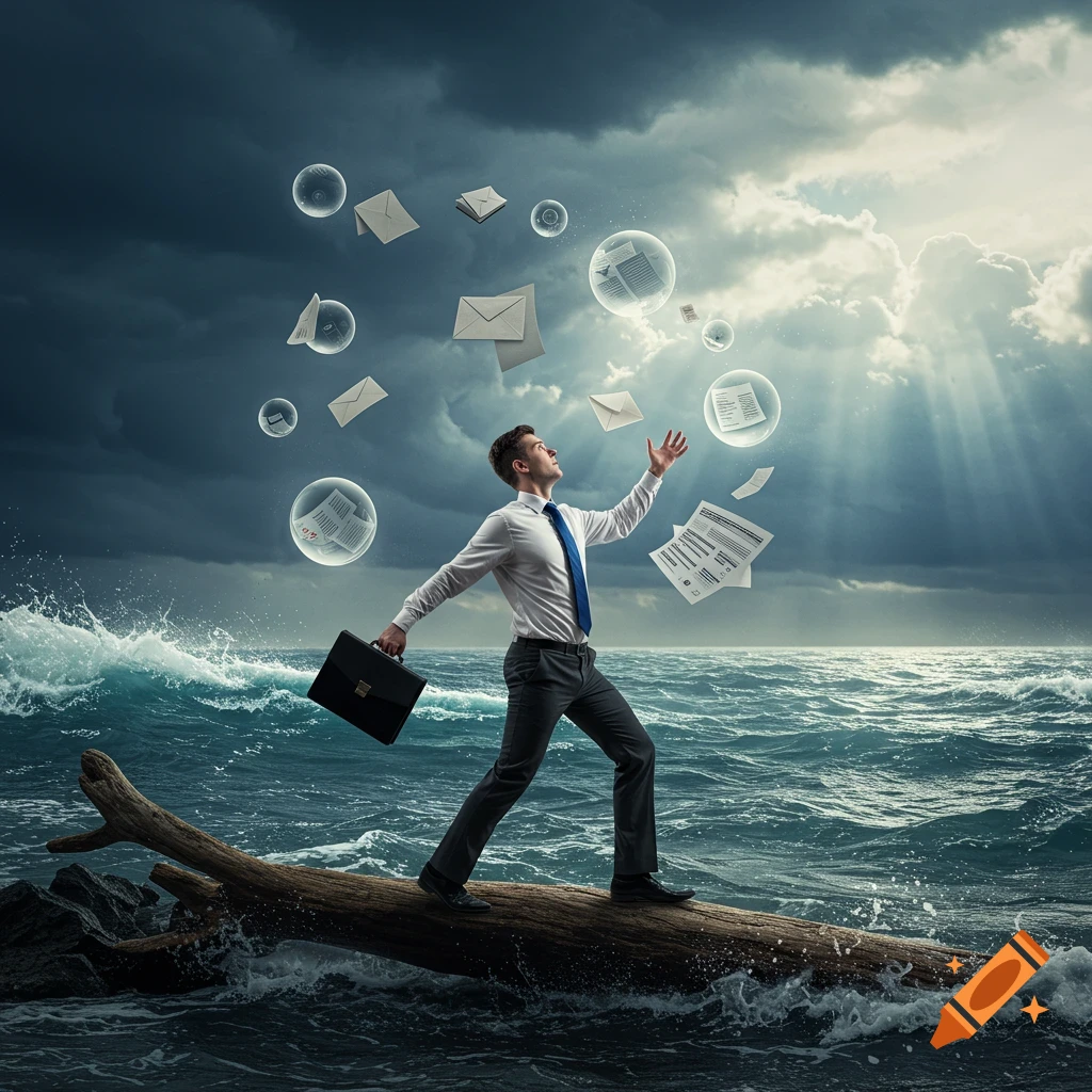 A man in a suit walks on a log in a stormy ocean, juggling floating documents and bubbles representing responsibilities, with sun rays breaking through clouds.