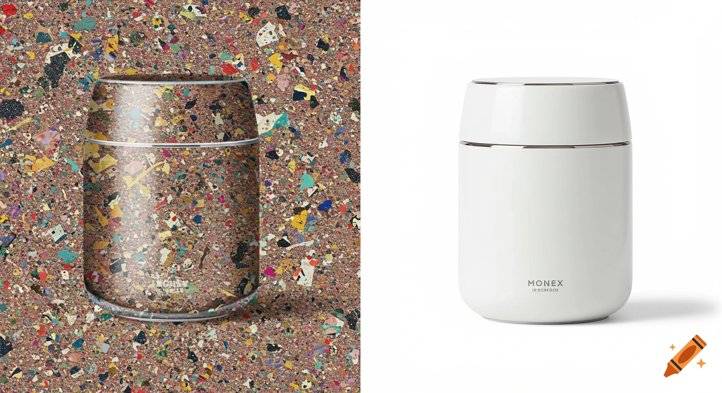 A split image showing a white cylindrical product. On the left, the product is against a messy, colorful background. On the right, the product is against a clean white background.