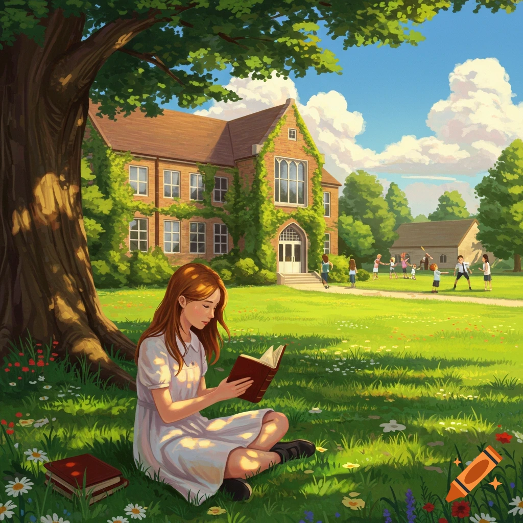 An illustrated scene of a girl reading a book under a large tree on a sunny lawn outside a school, with children playing in the background.