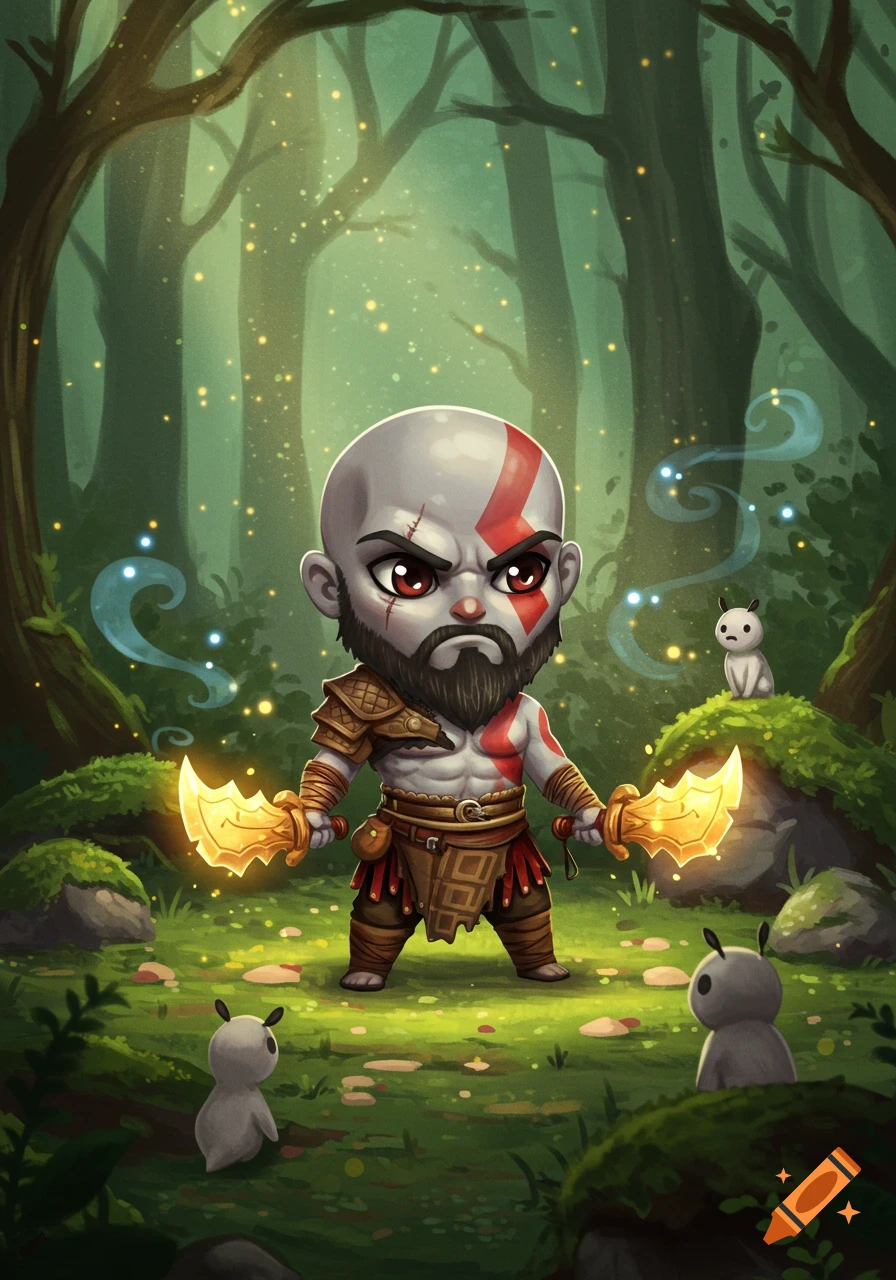 Chibi Kratos stands in an enchanted forest, holding two glowing golden blades, with small white creatures nearby.