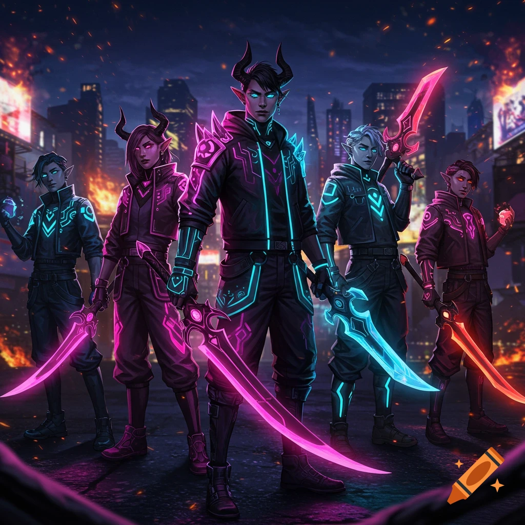 Five horned characters in glowing cyberpunk outfits stand with luminous swords in a dark city.