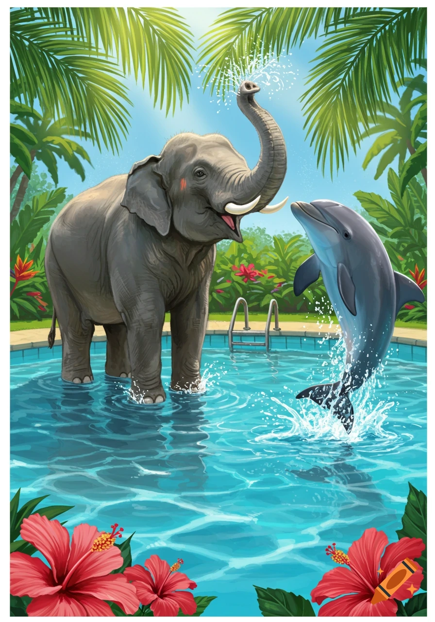 A cartoon illustration of an elephant and a dolphin playing in a swimming pool with tropical plants.