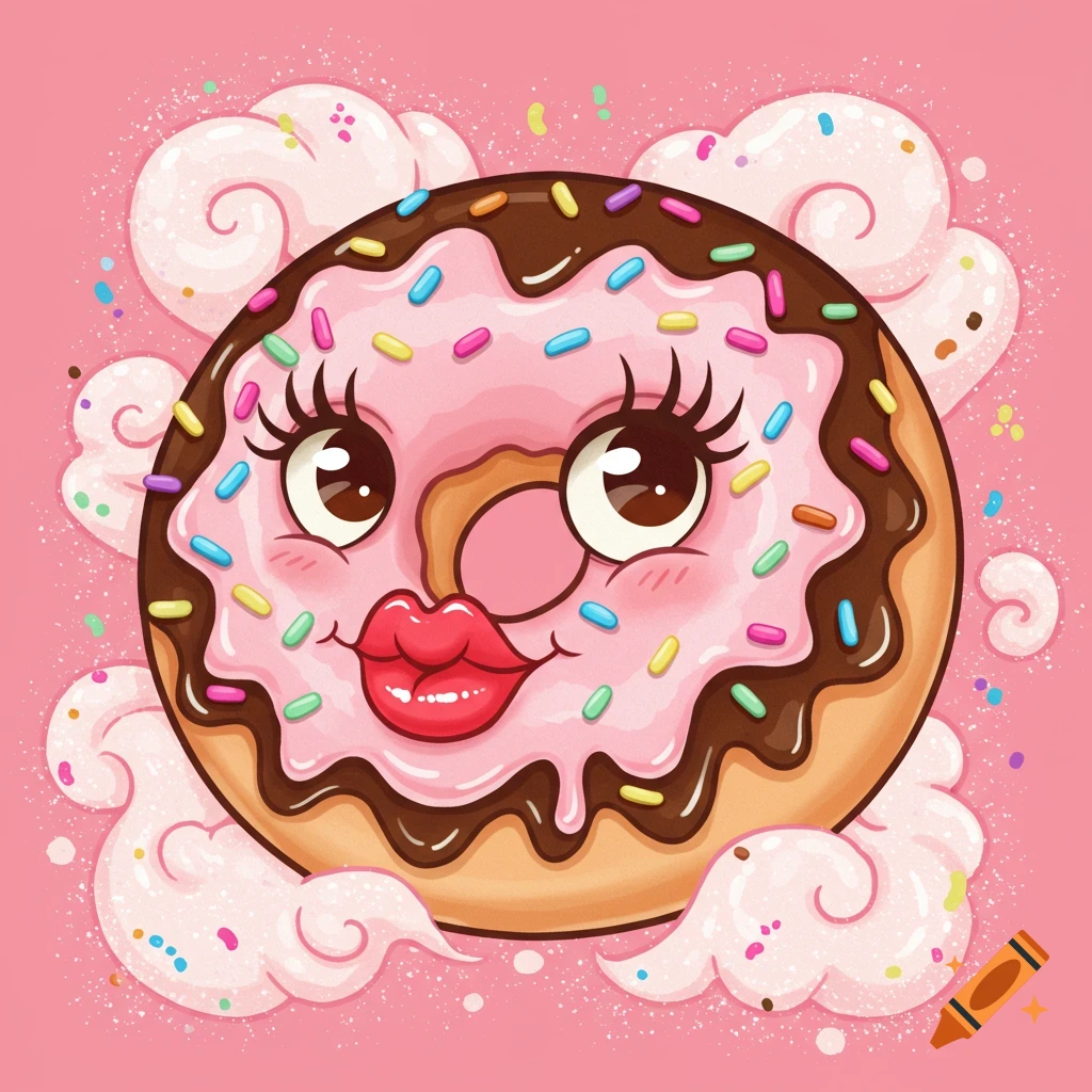 A cute cartoon pink frosted donut with chocolate drizzle, colorful sprinkles, large eyes with long lashes, and red kissy lips forming the donut hole, surrounded by pink clouds on a pink background.