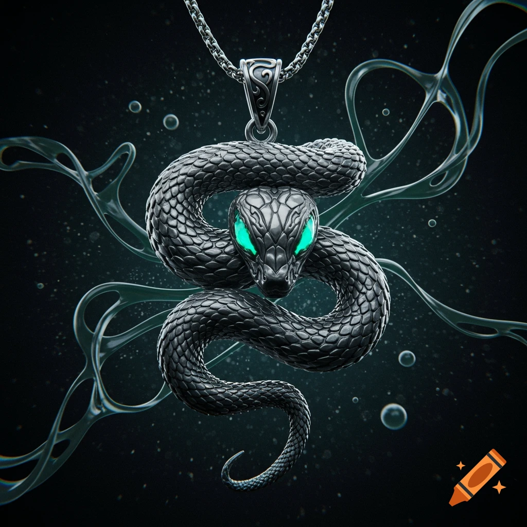 A detailed silver snake pendant with glowing teal eyes, set against a dark background with swirling, translucent elements.