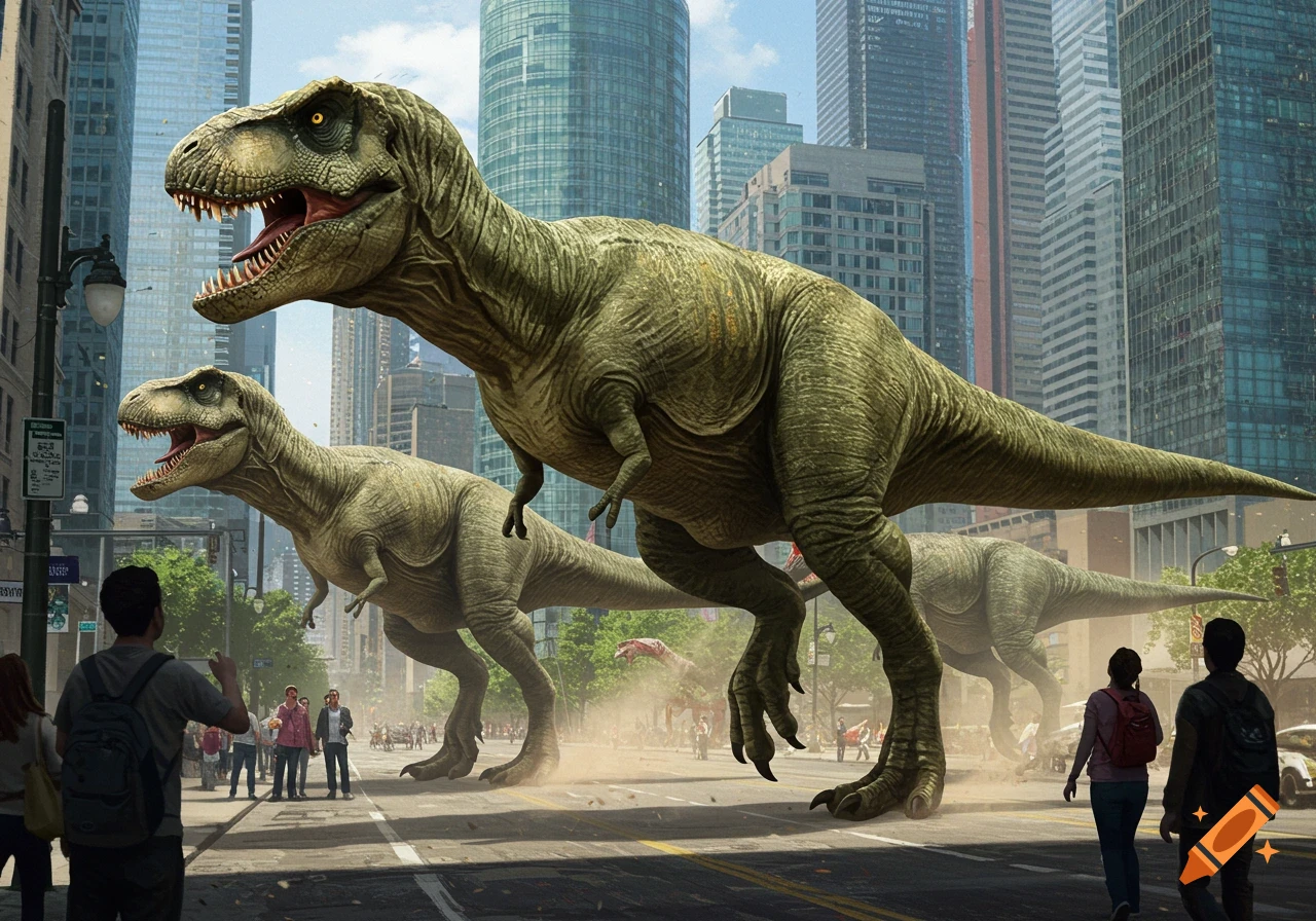 Three large, green Tyrannosaurus dinosaurs walk through a modern city street, with people watching in the foreground. Photorealistic.