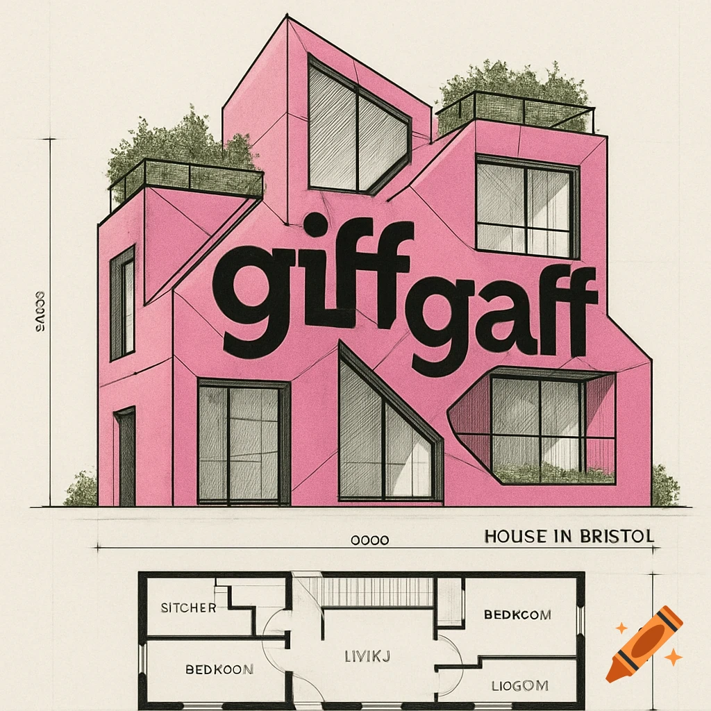 A pink, modern, multi-faceted building with 'giffgaff' branding on its facade, shown as an architectural drawing with a floor plan below. The building has multiple windows and rooftop greenery.