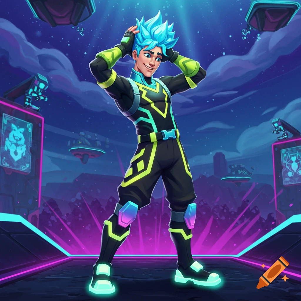 A cartoon man with spiky blue hair, wearing a black and neon green futuristic suit, poses in a vibrant sci-fi arena.