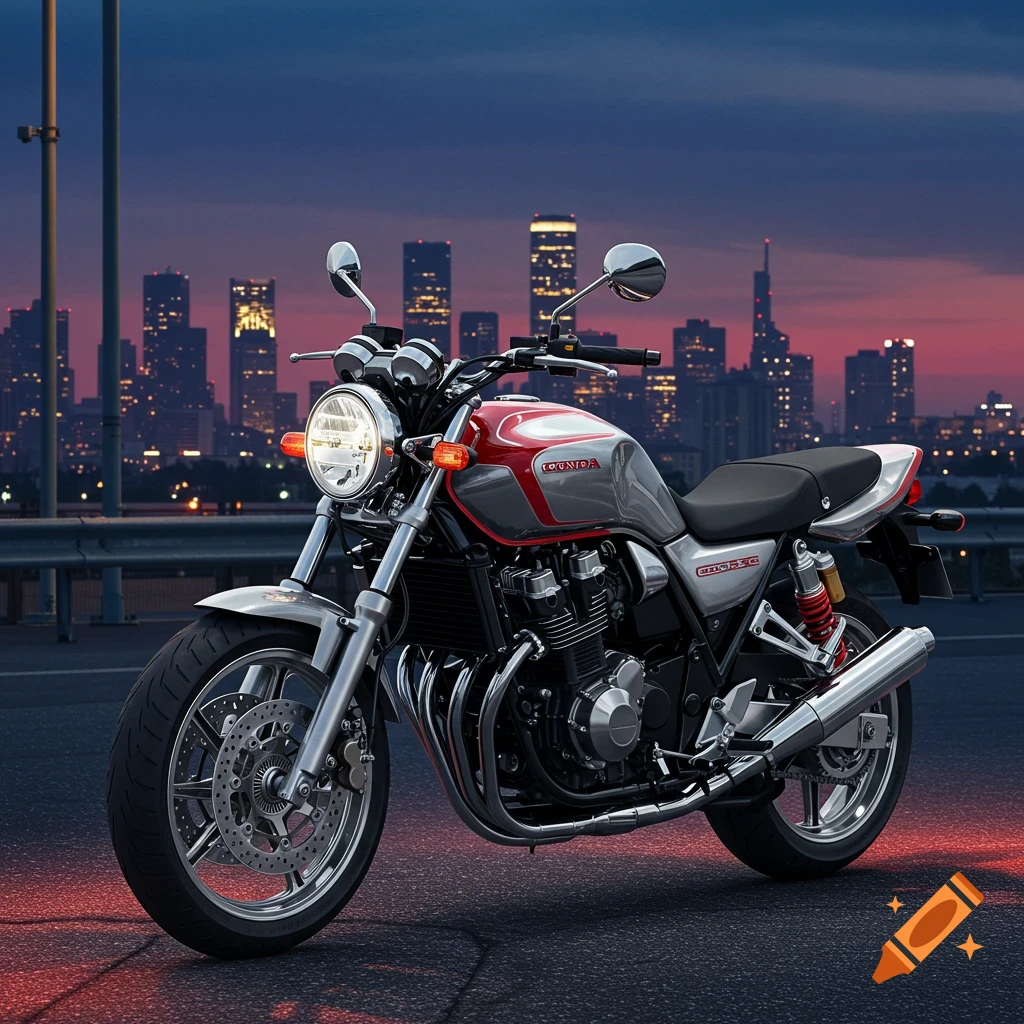 Photorealistic red and silver Honda motorcycle on a road with a cityscape at dusk in the background.