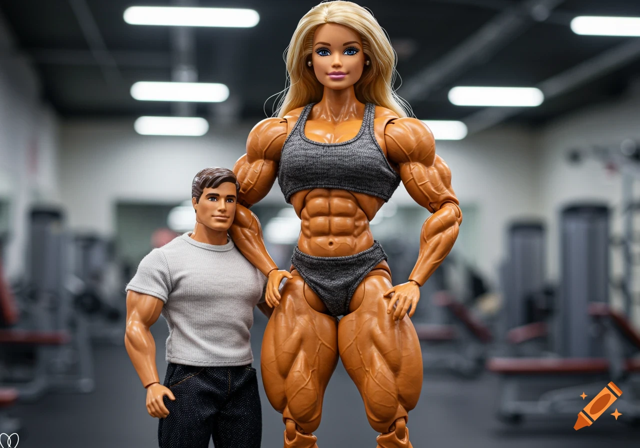 Photorealistic image of a muscular Barbie doll bodybuilder in a gym, with a less muscular Ken doll by her side.