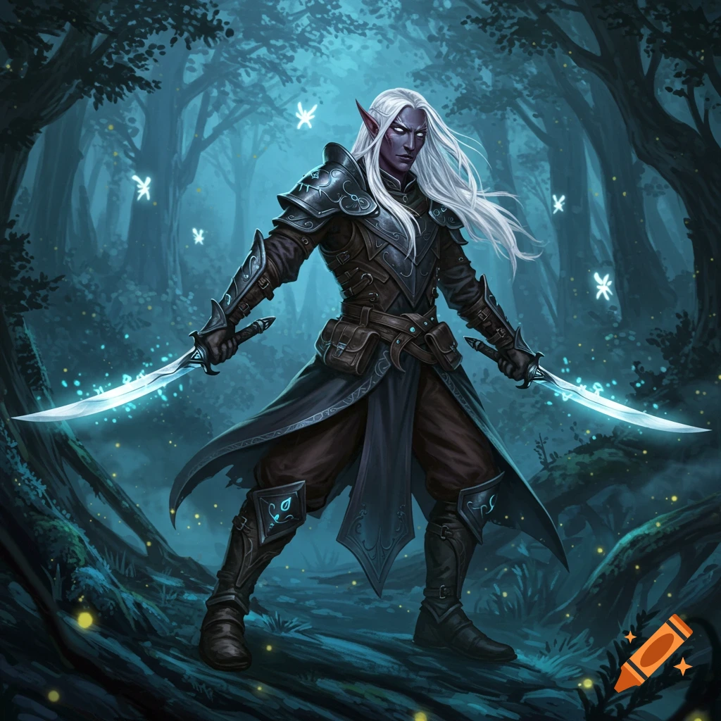 A male dark elf warrior with white hair and glowing swords stands in a dark, magical forest with glowing butterflies.