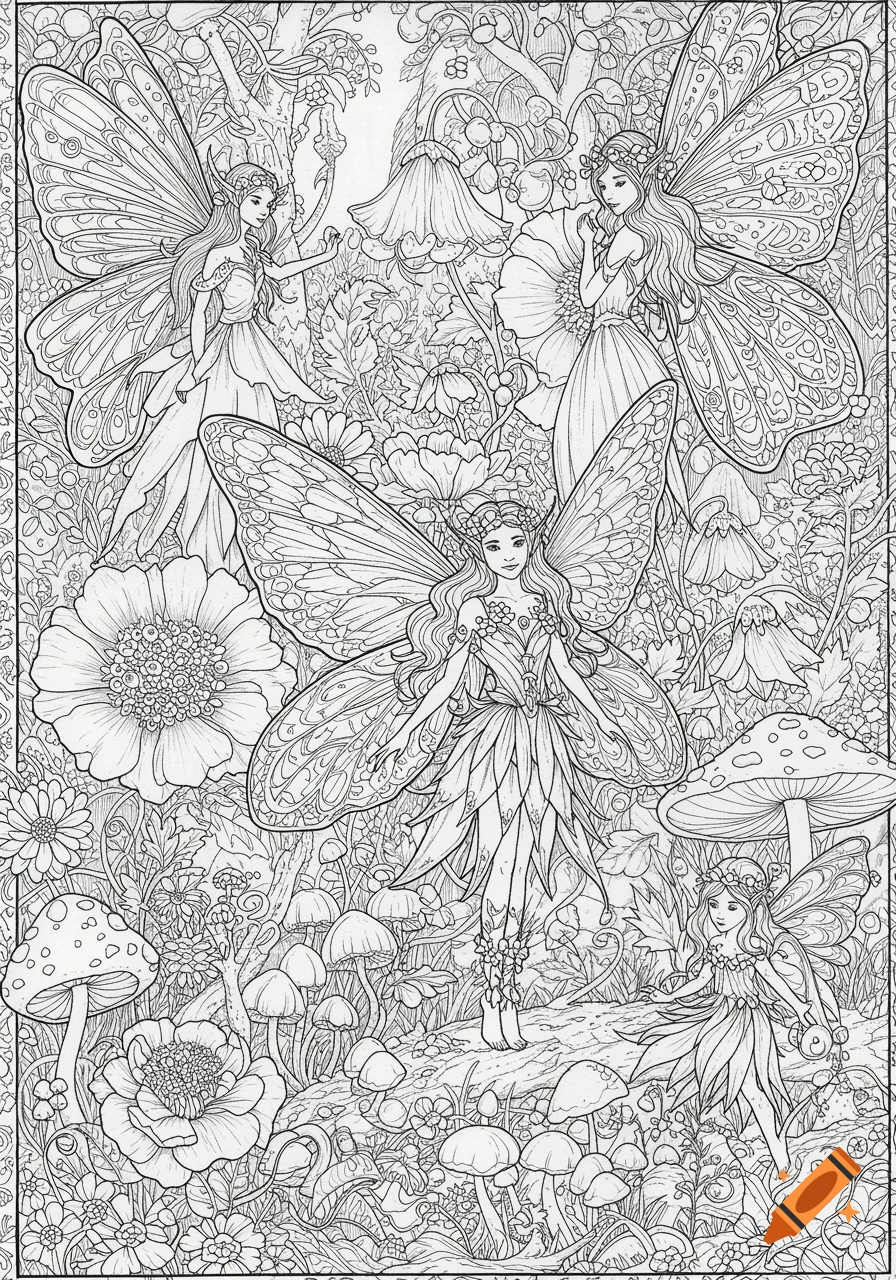 Detailed line art of multiple fairies in an enchanted forest with large flowers and mushrooms, in a coloring book style.